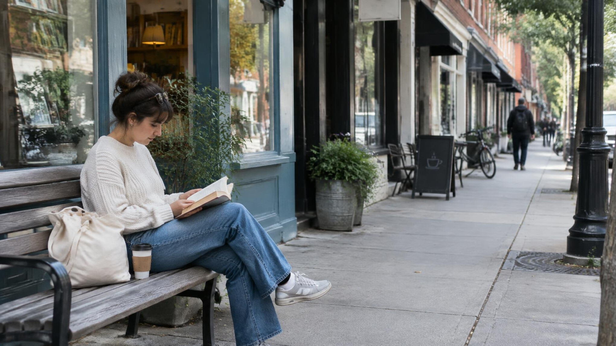 Person reading on a bench outside a city storefront