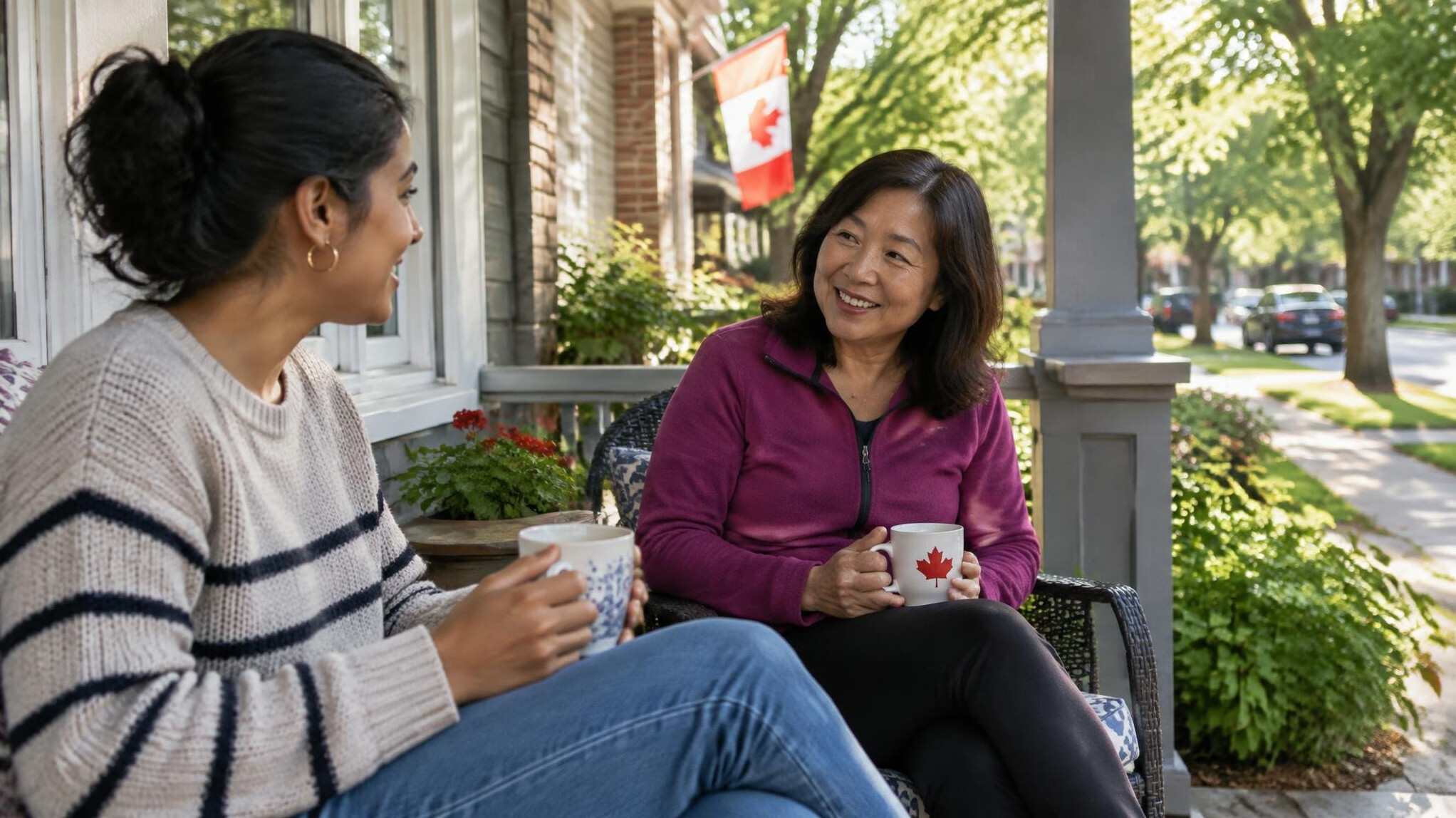 Neighbors chatting on a residential porch