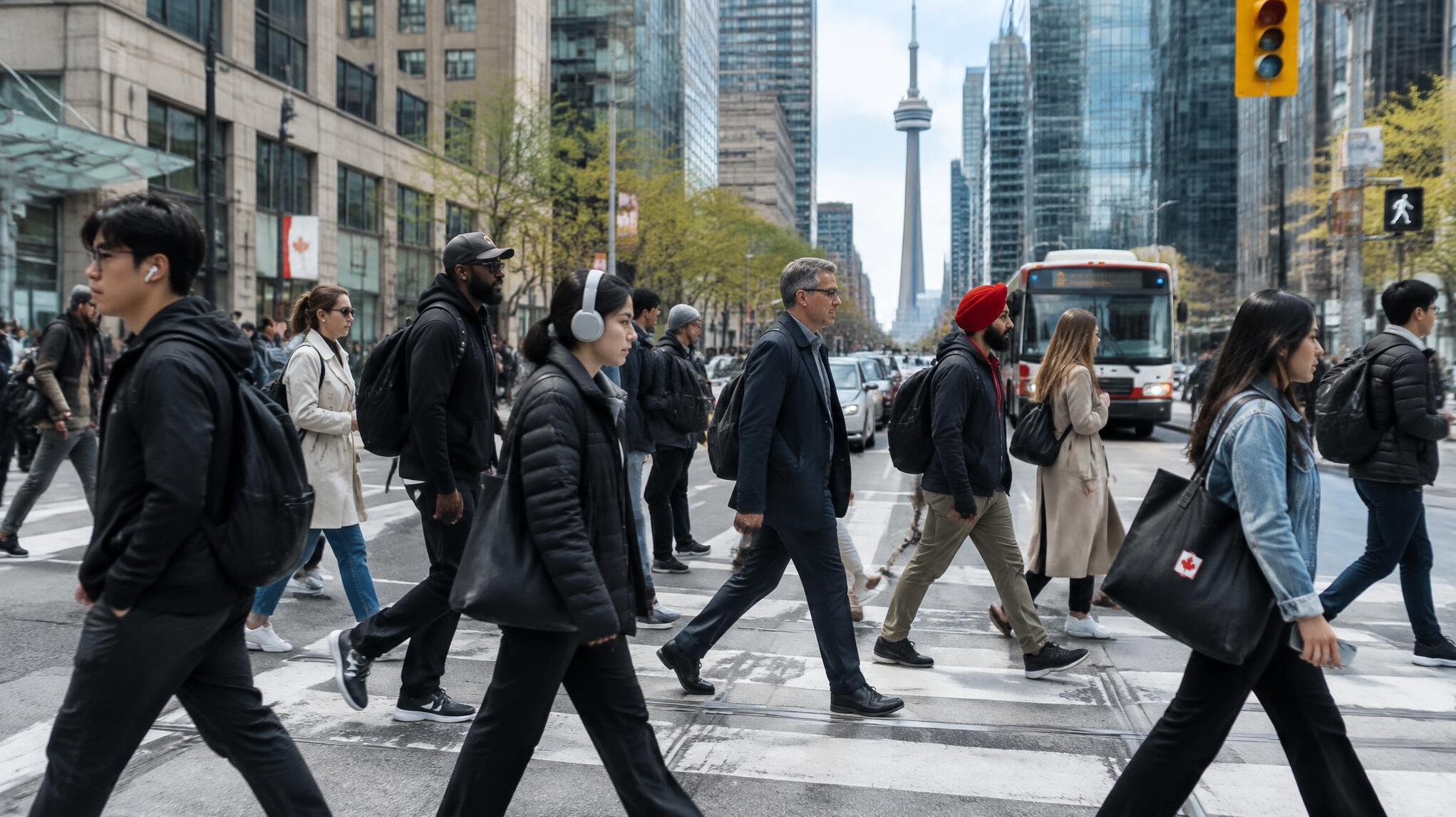 Pedestrians crossing a busy downtown street