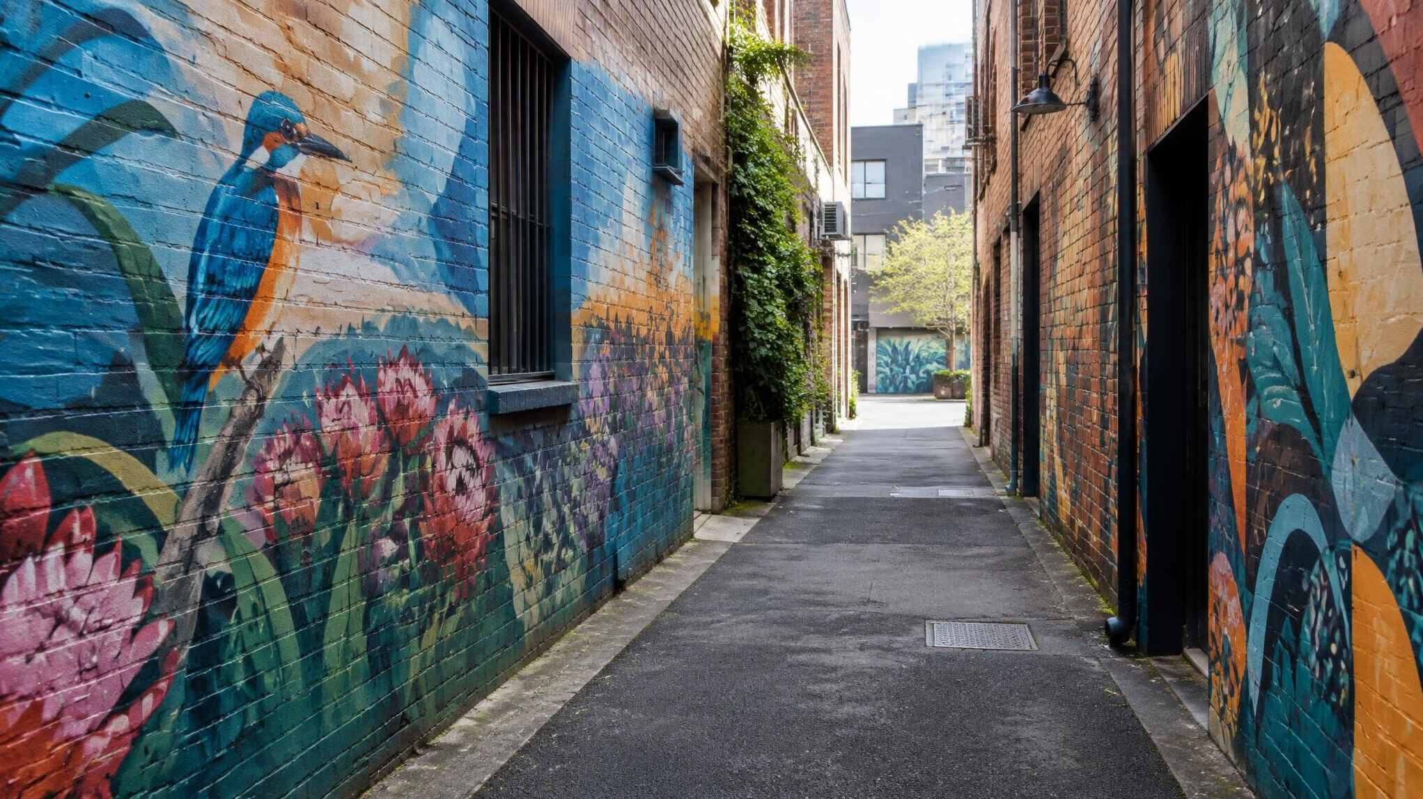 Narrow city laneway with colorful mural art