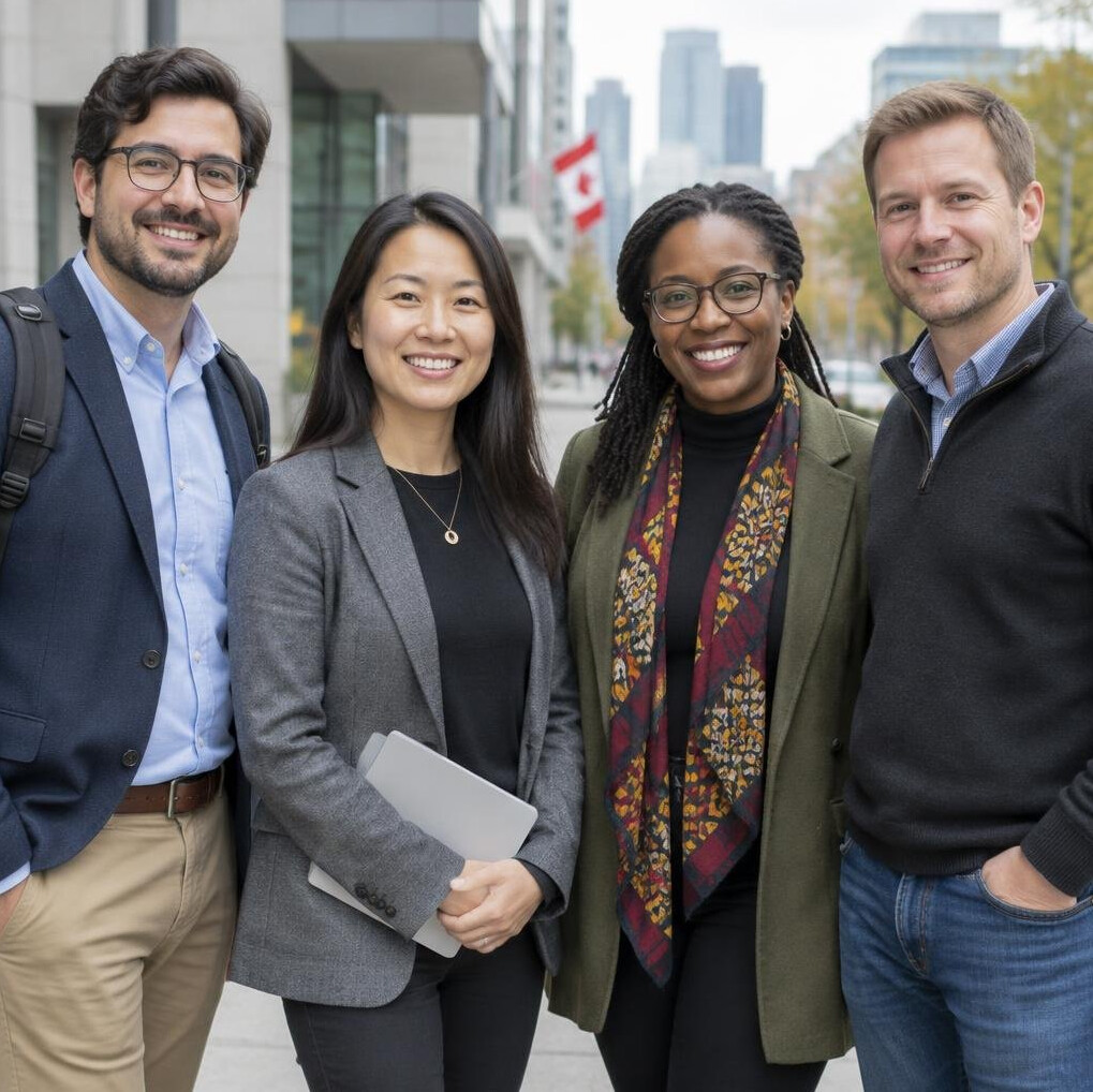 Diverse group of researchers walking on a city street