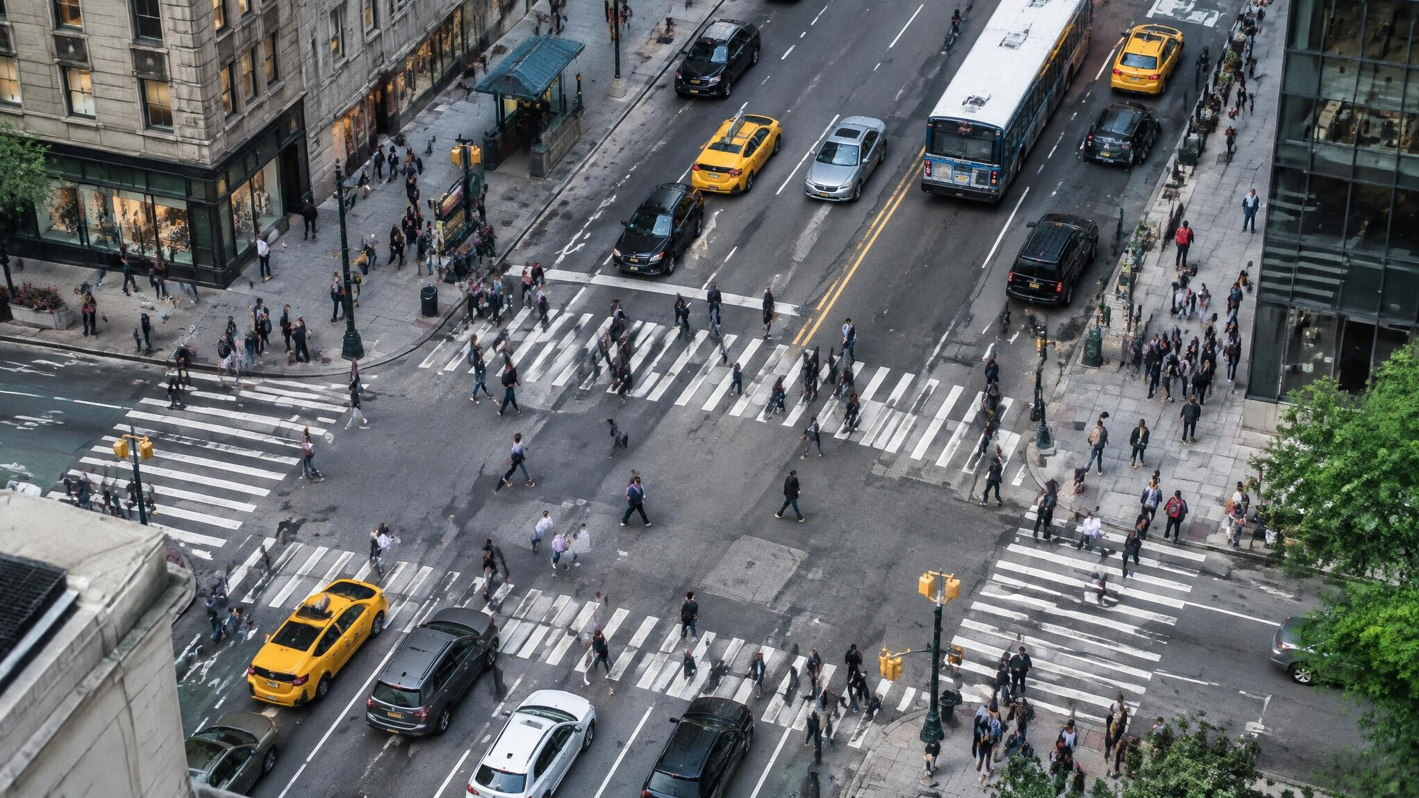 Aerial view of a busy downtown intersection