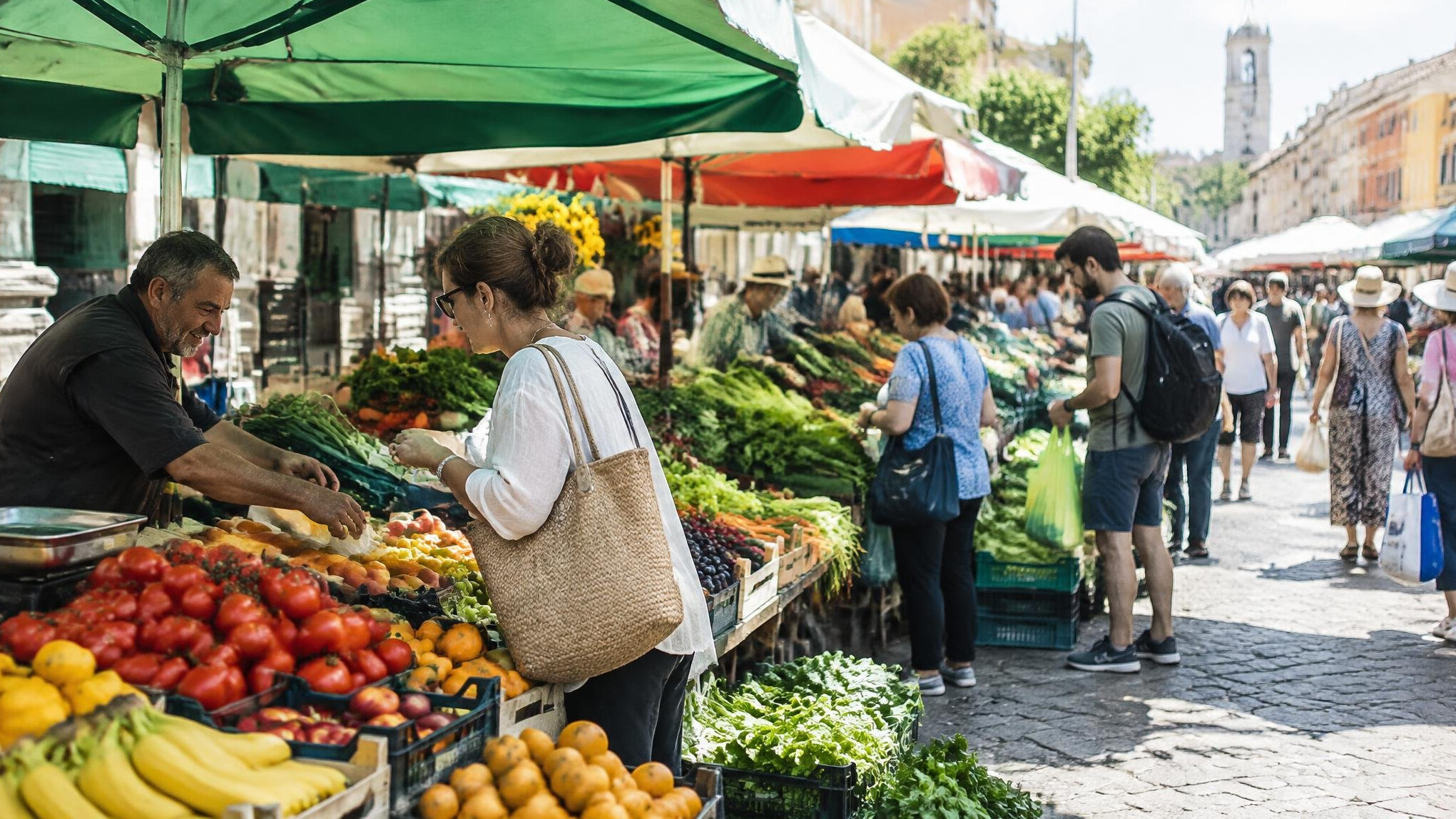 Vendors and shoppers at an outdoor street market