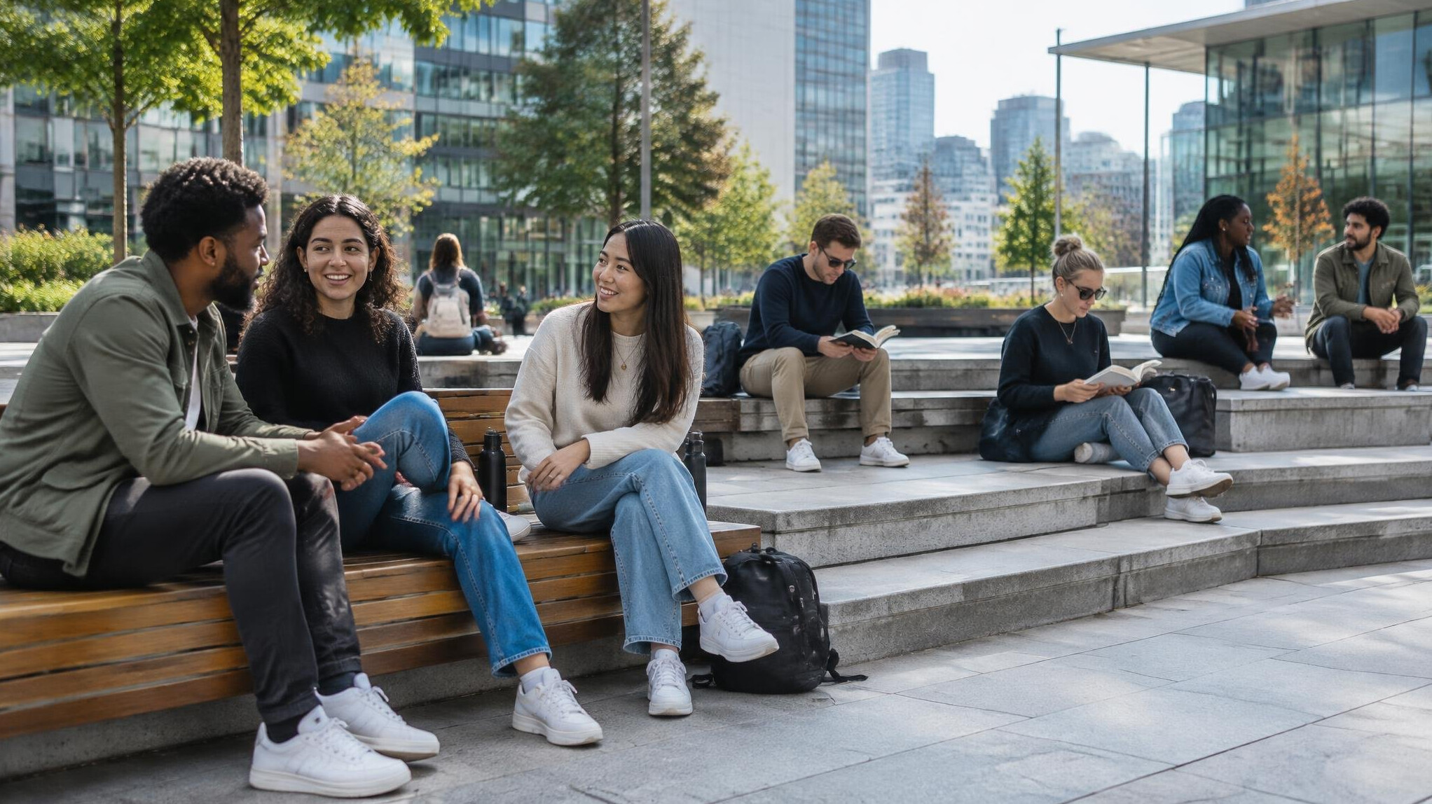 People sitting on benches in a city plaza