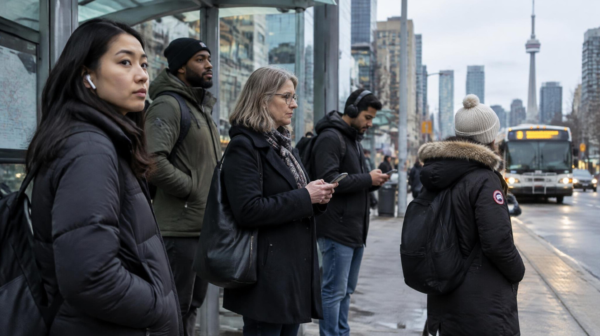 Commuters waiting at an urban transit stop