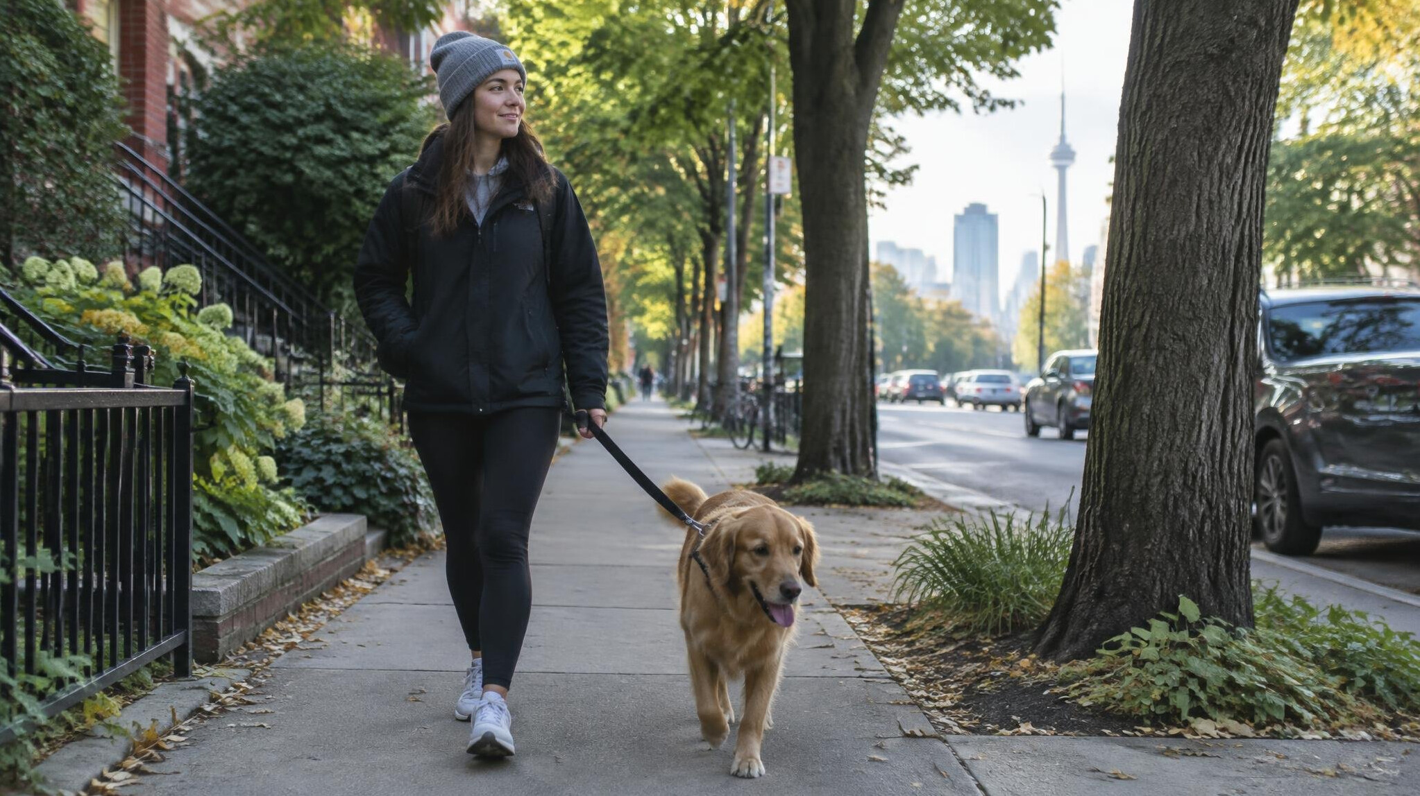 Person walking a dog along an urban sidewalk