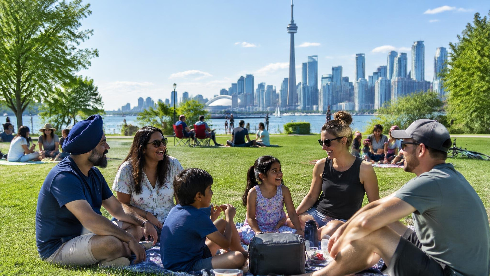 Families relaxing in a public urban park