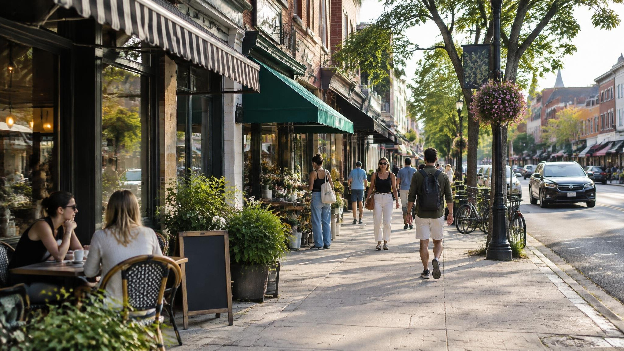Row of shops and cafes on a neighborhood street